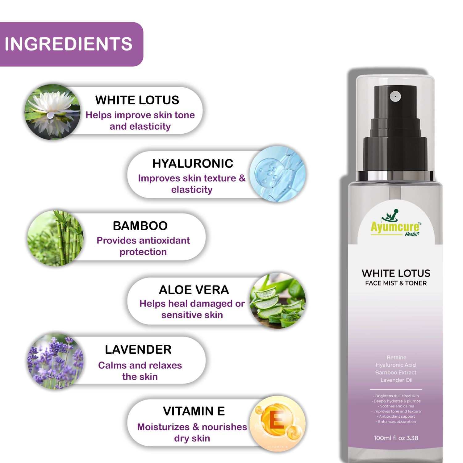 White Lotus Hyaluronic Face Mist | Bamboo Extract & Lavender | Hydrates Skin | Unisex